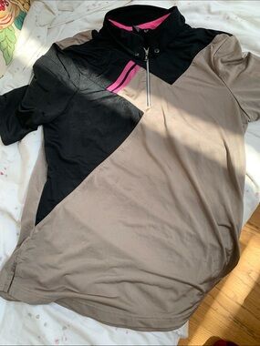DKNY Golf Zip Polo with Black & Taupe Colorblock and Hot Pink Accents. M